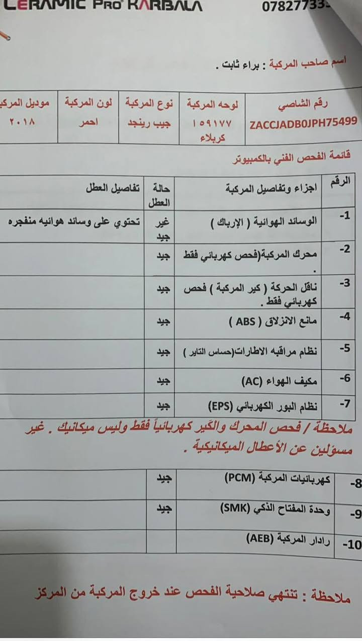 جيب رينكيد ابيع ومراوس حسب قناعه 
لون احمر مديل 18  لمتيد فول ،ماشيه 36الف 
رقمها ومكانها كربلاء 
حادثها ب امريكا جاملغ جانبي هنا بالعراق شخط بيها ع باب السايق وباب الوراه ع بارد يصير بصمه تشغيل عن بعد محرك 2400 ،،فتحة سقف عدد 2
حساسات واشاير مري ،
تو ويل ،حجر بيئه موجود ، سبير ، كشنات جلد اسود ، مثبت سرعه ، سايد بريك ،شاشه كبيره، كامرا خلفيه، نظام مانع انزلاق، منفذ (AUX) وبلوتوث، تبريد فول ، 
مكانها كربلاء
مشروع وطني  ‏‪***********‬‏
