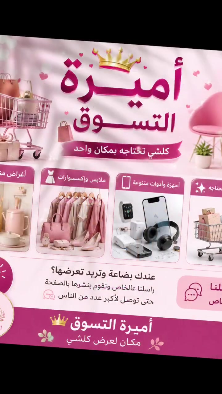 ✨ أهلاً وسهلاً بكم في أميرة التسوق ✨

كلشي يخطر ببالك موجود عدنه 😍
🛍️ ملابس نسائية
👜 جنط وإكسسوارات
🏠 أغراض منزلية
❄️ سبالت وأجهزة كهربائية
💄 عطور ومكياج
👟 أحذية وكلشي وكلاشي

💖 منتجات مرتبة وأسعار مناسبة للجميع
📦 توصيل لجميع المناطق
📩 اطلب ودلل وإحنا بالخدمة

✨ أي شي بالك موجود عدنه ✨ #متابعين
تابعوننا ليصلكم كل شيء🫶


**إذا كنت صاحب هذا الإعلان وتريد حذفه لأي سبب، رجاءا أرسل رسالة إلى الدعم الفني**