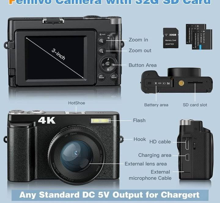 كاميرا رقمية مدمجة من نوع Femivo (أو علامات تجارية مشابهة مثل Melcam أو Oiadek) مصممة خصيصاً للمبتدئين وتدوين الفيديو (Vlogging). 
إليك أهم مواصفات ومميزات هذه الكاميرا:
المواصفات التقنية الرئيسية
دقة الفيديو: تدعم تصوير الفيديو بدقة 4K Ultra HD بمعدل 30 إطاراً في الثانية.
دقة الصور: تصل دقة التقاط الصور إلى 48 ميجابكسل.
الشاشة: شاشة بحجم 3 بوصات تدعم الدوران بزاوية 180 درجة، مما يجعلها مثالية لالتقاط صور السيلفي وتصوير الفلوغات.
التقريب (Zoom): تتميز بتقريب رقمي يصل إلى 16x.
التركيز: مزودة بخاصية التركيز التلقائي (Autofocus) لضمان وضوح الصور. 
@أبرز المعجبين


**إذا كنت صاحب هذا الإعلان وتريد حذفه لأي سبب، رجاءا أرسل رسالة إلى الدعم الفني**