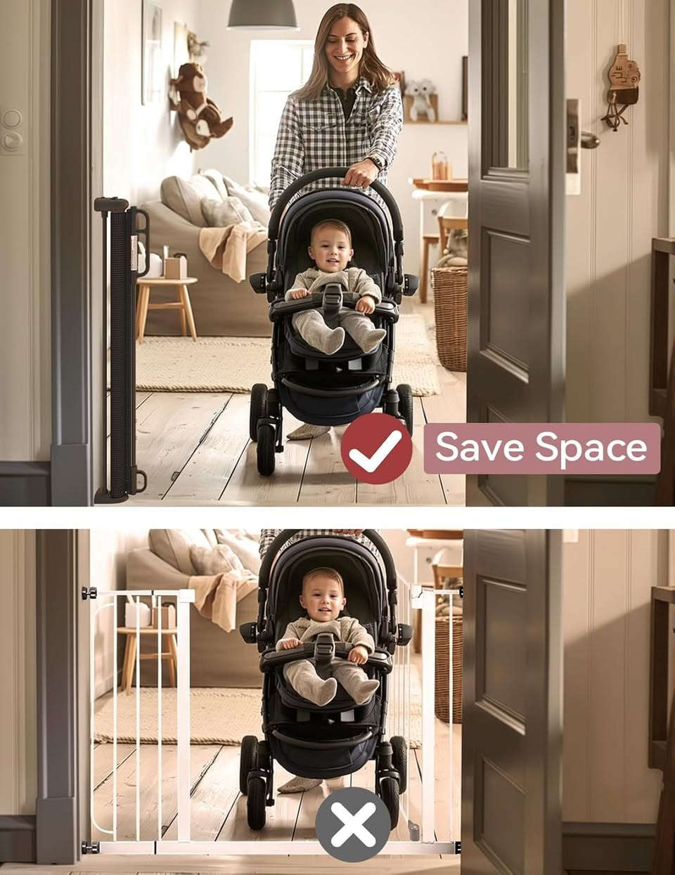 Retractable Baby Gate Extra Wide Mesh Baby Gates for Stairs, 41" Tall, Extends to 71" Wide, Black, Pet Dog Gate for Doorways, Stairs, Hallways, Indoor/Outdoor

Safety: Retractable gate featured with double locking mechanism creates a safety home for your curious crawlers and keep them away from danger, providing a safe, closed off environment to play.
Retractable Design-Saving Space: This baby gates Fits openings up to 71" wide and is 41" tall which can be adjusted to fit your openings according to your needs. Mesh can be completely retracted away when not in use.
Easy to use: Just gently push and twist the button to lock and unlock the safety gate with one hand. The one handed operation make it super convenient to use when you’re holding baby or carrying toys, diapers, around.
Fits Your Purpose: Perfect solution for doorways and stairs locking the way for babies and pets needed to provide safety and security in the whole house. The stair gates is used for children and pets blocking off their way out or in. أربيل, العراق


**إذا كنت صاحب هذا الإعلان وتريد حذفه لأي سبب، رجاءا أرسل رسالة إلى الدعم الفني**