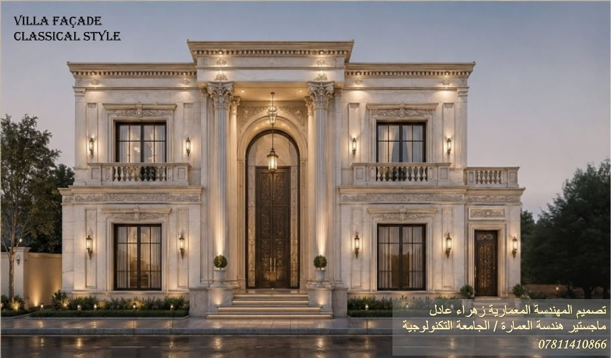 مشروع تصميم فيلا سكنية

في هذا المشروع تم تقديم مقترحين لتصميم الواجهة الرئيسية للفيلا، الأول بأسلوب الكلاسيك والثاني بأسلوب النيو كلاسيك، وبعد دراسة الخيارات تم اعتماد تصميم النيو كلاسيك لما يتميز به من توازن بين الفخامة والطابع العصري.

كما شمل المشروع تصميم المدخل ومنطقة الاستقبال الداخلية بما يحقق الانسجام بين الهوية المعمارية والفراغات الداخلية، مع اعتماد نظام التبريد المركزي ضمن التصميم لضمان الكفاءة والراحة وتحقيق أفضل استثمار للمساحات.

نؤمن أن التصميم الناجح يبدأ بفكرة مدروسة وينتهي بتفاصيل تُصنع بعناية.
"للاستفسار أو التعاون: راسلونا عبر الخاص."
أو الاتصال على الرقم ***********
"نحن معكم في كل خطوة… من الفكرة إلى الواقع."
"Architectural Design & Supervision by
Eng. Zahraa Adel | المهندسة المعمارية زهراء عادل"
العنوان : محافظة الديوانية
