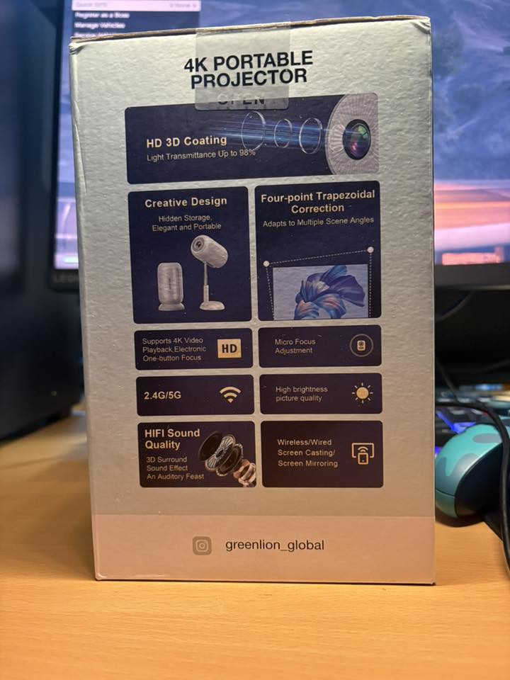Native Resolution: 1920 x 1080 (Full HD)
Supported Resolution: Up to 3840 x 2160 (4K)

Image Size/Distance: 100 Inches @ 2.95 Meters

Brightness: 240 ANSI Lumens

Projection Ratio: 1.35:1

Power: 49W

Screen Scale: 16:9/4:3

Built-in Speakers: 3W x 1

Audio Output: 3.5mm Audio Jack

Ram/Rom: 1GB Ram + 8GB Rom

Features

Wireless/Wired Screen Casting

Supports 4K Video Playback

HiFi Sound Quality

Hidden Bracket Projector

Flexible Installation

Elegant and Portable

***********

