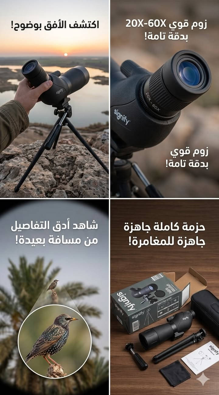 🔭 لعشاق الطبيعة، الصيد، والمغامرات! جهزوا نفسكم لأقوى رؤية وتقريب 🔭
وصلت وجبة جديدة من ناظور التقريب الأحادي Signify Spotting Scope 🎯.. الخيار المثالي لكل شخص يحب يشوف أدق التفاصيل من مسافات بعيدة بجودة عالية ووصفاء تام.
سواء كنت من محبي مراقبة الطيور والحيوانات البرية، أو تحب الصيد، أو حتى مهتم برصد النجوم والظواهر الطبيعية، هذا الناظور راح يكون عينك الثانية في كل مكان!
⚙️ المواصفات الكاملة للمنتج:
• الماركة: Signify 💎
• قوة التقريب (Magnification): يبدأ من 20X ويصل حتى 60X (تقريب جبار يخليك تشوف أبعد نقطة بوضوح ممتاز) 🔍.
• الاستخدام: مصمم خصيصاً للرصد الأرضي والميداني (Terrestrial Observing) وممتاز لمختلف الأنشطة الخارجية 🌲.
• الملحقات: يأتي مع ستاند (Tripod) لتثبيت الرؤية ومنع الاهتزاز أثناء الرصد الميداني 📐.
• التصميم: هيكل متين بلون أسود مميز، يحتوي على غطاء أمامي لحماية العدسة من الخدوش والأتربة 🛡️.
السعر: [ 47 الف]
تتوفر خدمة التوصيل لكافة المحافظات 🚗🛒
كربلاء 3 الف و 5 الف لباقي المحافظات 🫶🏻.
#معرض_المعملجي_البيت_الالماني
العنوان كربلاء شارع سيد جودة عمود 1400⁩⁩⁩⁩⁩
#ناظور #صيد #مكشات #مغامرات #تخييم #Signify #SpottingScope #رصد_طيور #رحلات #تسوق_اونلاين #العراق


**إذا كنت صاحب هذا الإعلان وتريد حذفه لأي سبب، رجاءا أرسل رسالة إلى الدعم الفني**