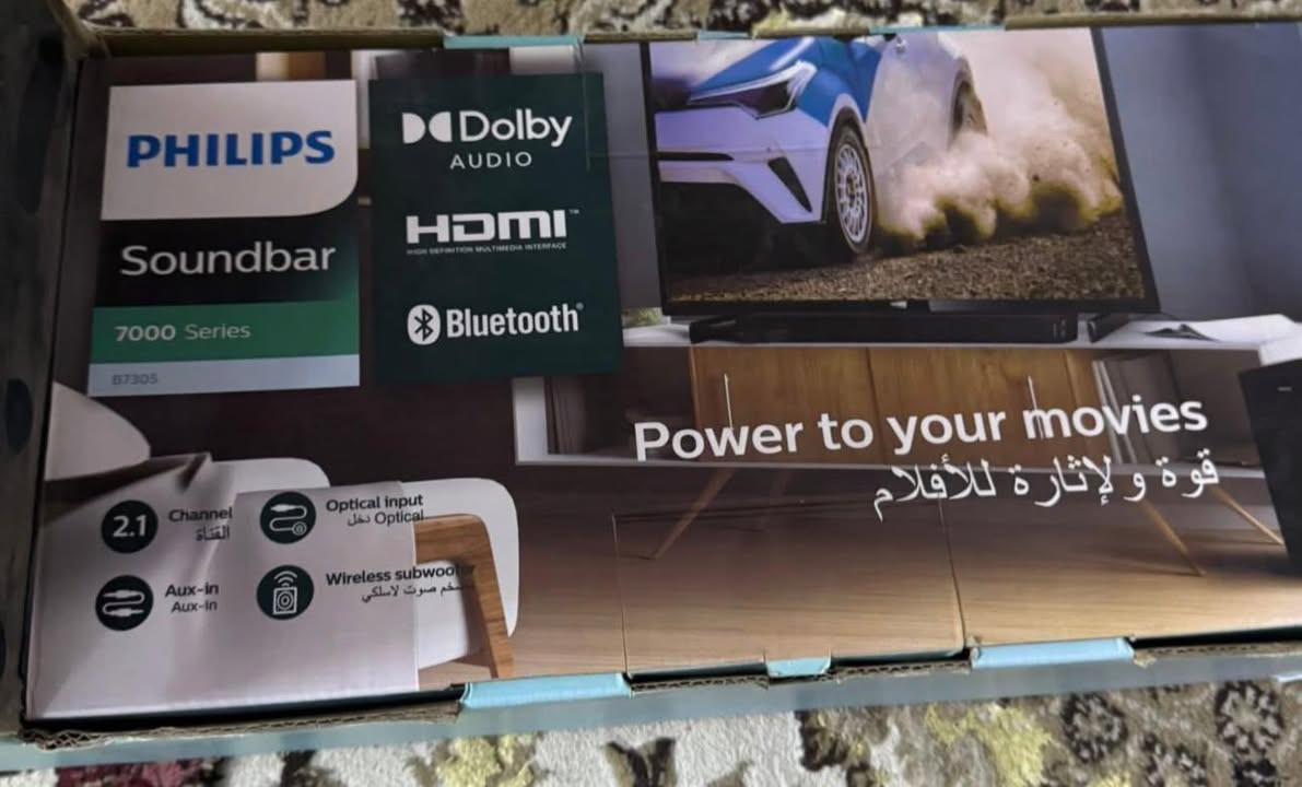 Philips soundbar B7305
القطعة جديدة غير مستخدمة باللوك مال الشركة بيدك تفتحه 

السعر 225 الف 

Audio Inputs

Digital Optical TOSLINK, HDMI, 3.5 mm Jack, USB, AUX

Compatible Brand

Universal

Color

Black

Connectivity

Bluetooth, Wireless, Wired, HDMI

Impedance

6 Ohms

RMS Power

300 W

Shape

Rectangular

System Configuration

2.1 Channel

Surround Sound Formats

Dolby Digital Plus, Dolby Digital

Features

Bluetooth, Remote Control

Compatible Model

Universal


**إذا كنت صاحب هذا الإعلان وتريد حذفه لأي سبب، رجاءا أرسل رسالة إلى الدعم الفني**