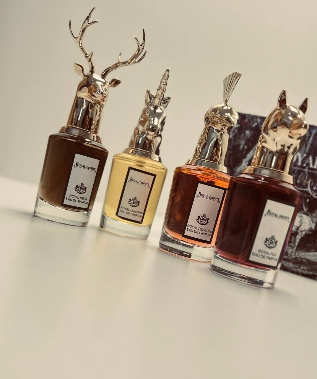 مجموعة عطور "رويال ديجنيتي" (Royal Dignity) من بينهاليغونز 🤎⋆𐙚⋆🦢 (Penhaligon's
رويال دير 🦌 Royal Deer عطر شرقي خشبي بتركيبة دافئة ومنعشة. 
رويال يونيكورن 🦄Royal Unicorn  فاكهي زهري يجمع بين التوت وزهر البرتقال. 
رويال بيكوك 🦚 Royal Peacock  عطر زهري شرقي يجمع بين الورد والياسمين مع نفحات العنبر. 
رويال فوكس 🐺  Royal FoX عطر شرقي خشبي يجسد القوة والذكورة.
العطور رجالية منعشة تخبل وثباتية لساعات طويلـة


**إذا كنت صاحب هذا الإعلان وتريد حذفه لأي سبب، رجاءا أرسل رسالة إلى الدعم الفني**
