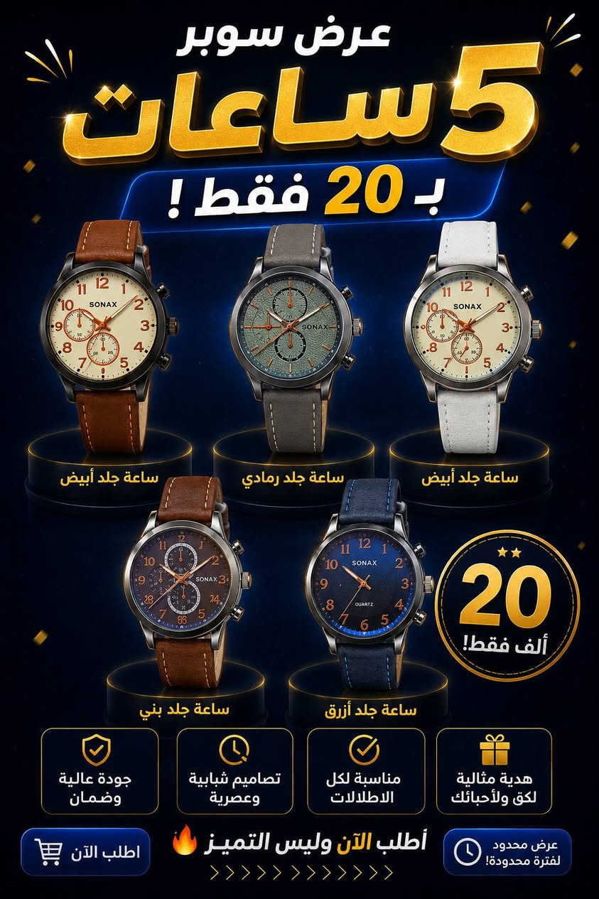 ⌚🔥 عرض الشباب الأقوى
5 ساعات رجالية او نسائيه  بـ20 ألف فقط
🎁 ويـاها بوكس مجاني
🚚 التوصيل 5,000 لكل محافظات العراق
🖤 خامات مرتبة وتصاميم تخبل لكل إطلالة
قناة التلي/ https://t.me/smailAH


**إذا كنت صاحب هذا الإعلان وتريد حذفه لأي سبب، رجاءا أرسل رسالة إلى الدعم الفني**
