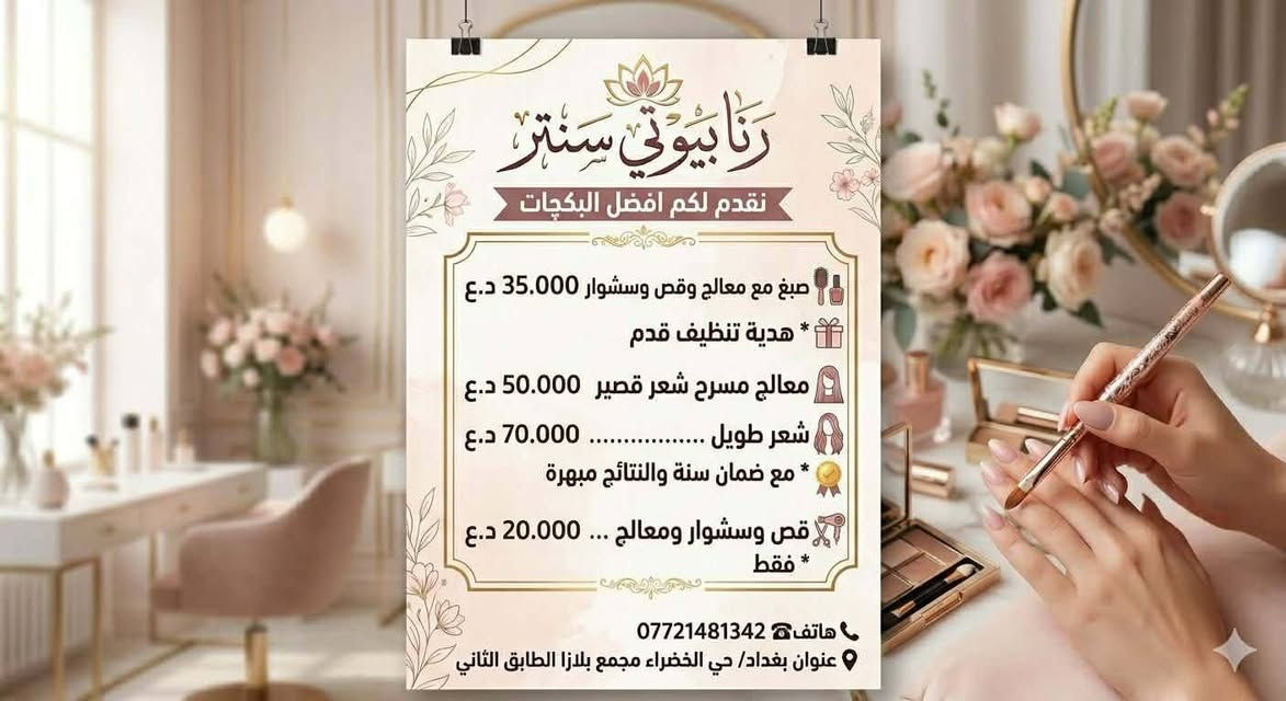 🔴 Rana Beauty Salon  رنا بيوتي يقدم اقوى عروض التوفير والبكجات داخل الصور.. 👇👇 
🔴 عروض البشرة

🔷️ حف مع تقشير 
🔷️ تنظيف بشره عادي 
🔷️ تنظيف بشره ملكي 
🔷️ هايدروفيشل
____________________
🔷️ ليزر وجه+ ليزر نضاره 
🔷️ ️ليزر ازاله ليزر كاربوني 
🔷️ ليزر فل بدي 
____________________

🔴 عروض (والبدكير والمنكير +اكرلك)

 🔷 تنظيف قدم +تنظيف ملكي مع مادة الكالوس
 لتشقق القدم 
🔷تنظيف ملكي مع جلش 
بناء اظفرين قدم 
تنظيف قدم vipمع مساج للقدمين 
🔷️ جل اكستينشن بناء فقط
جلش + سترونك
🔷️ جل فل دزاين مع جلش 
كڤر جل +ازاله +دزاين اظفرين
____________________
🔴 عروض الشعر 
🔷 صبغ جذور مع معالج 
🔷️ صبغ توحيد لون مع معالج وسشوار مجانا
🔷️ معالج الكندي مع ابرة تساقط وسشوار 
🔷️ تسريح ومعالج ضمان ٨ اشهر 
🔷️ تسريح ومعالج ضمان سنتين يبدا من وحسب طول وكثافة الشعر
🔷 تخصيل وصبغ يبدا من  مع بديكير وحف مجانآ
قص 
🔷️ قص وسشوار 
🔷️ سشوار شعر قصير 
🔷️ سشوار شعر وسط 
____________________
رموش طرفيه 
رموش ڤوليوم 
………………….
منتجات رنا بيوتي الطبيعيه 
 شامبو 
تنت 
خلطه الوجه للتفتيح وازالة الكلف والتصبغات للرجال والنساء 
معالج 

العنوان :حي الخضراء مول بلازا الطابق الثاني مجاو قاعة تيما للاعراس
للحجز :***********——***********
@أبرز المعجبين
دليل مراكز وصالونات للتجميل في بغداد
