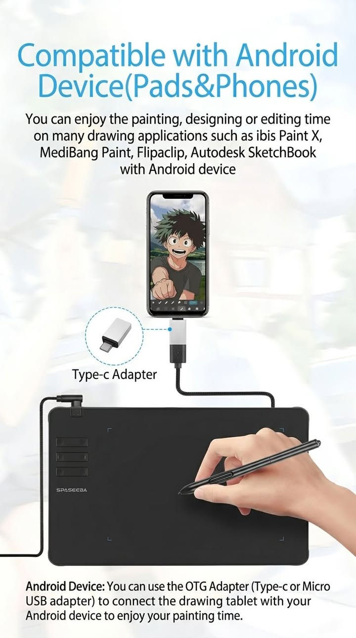 السلام عليكم 

جهاز SPASEEBA T605 اللوحي للرسم

المواصفات :
- الموديل: T605
- التصميم: فائق النحافة 5 ملم، خفيف الوزن وسهل الحمل
- مساحة العمل: 170 × 107 ملم على الكمبيوتر، 170 × 95 ملم على الهاتف
- القلم: رقمي  بدون بطارية
- حساسية الضغط 8192 مستوى
- الأزرار: 6 مفاتيح اختصار قابلة للبرمجة
- التوافق: Android 6.0+, Windows 7/8/10, Mac OS 10.12+
- البرامج المدعومة: Photoshop, Illustrator, Clip Studio, Krita, Sai2 وغيرها

•الاستخدام :مناسب للرسم الرقمي، التلوين، ألعاب OSU، وتدوين الملاحظات ،والكتابة.


**إذا كنت صاحب هذا الإعلان وتريد حذفه لأي سبب، رجاءا أرسل رسالة إلى الدعم الفني**