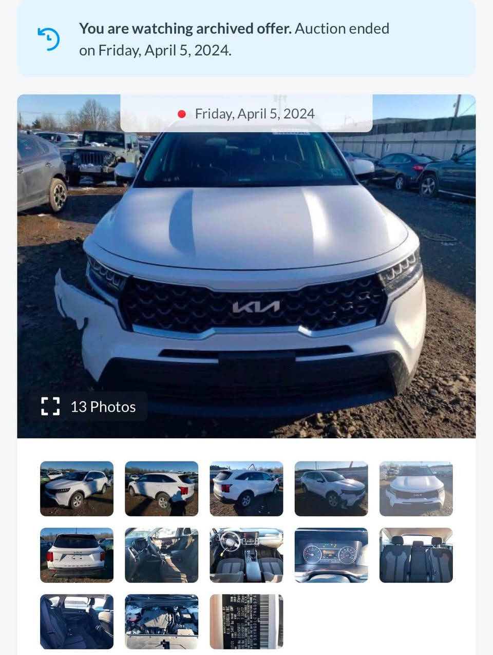 سورينتو ٢٢ لون ابيض AWD
ليبل واحد، ايرباك سليم (بدون فتح او تبديل) 
محرك ٢٥٠٠ تنفس طبيعي (بدون تيربو)
٧ راكب، ماشية ٥٣ ميل
رقم بصرة تحويل
صور الحادث ورقم الشاصي بالمنشور
***********
