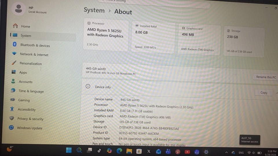 Hp pro book 445 g9  للبيع المكان بغداد
نضيفة جدا على وضع الشركة 
256 الرام 8 مرتبة وحلوة 
***********
