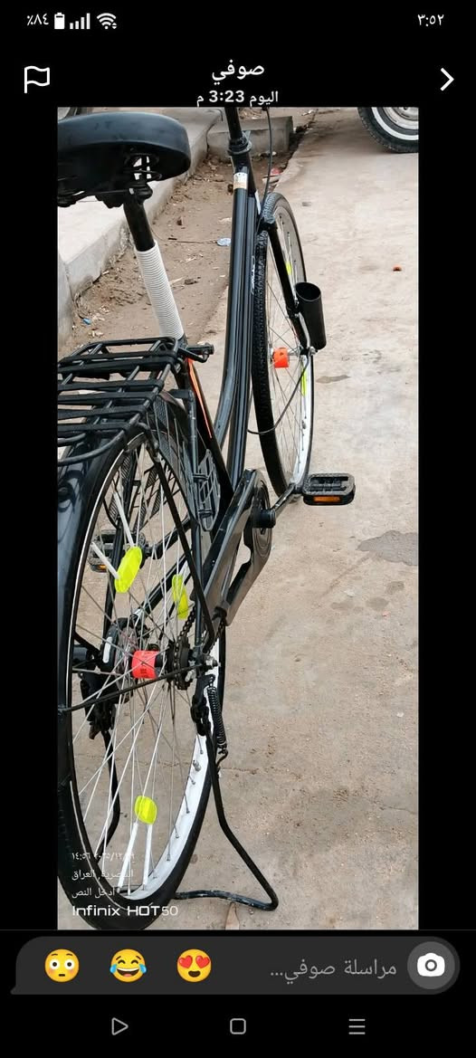 السلام عليكم بايسكل البيع موديل 2021ومبدل ويل الوره موديل2025بايسكل جاهز تأيرات جداد جاهز موجهز السعر 120وبيه مجال قليل الحك الجيه مكان ناصريه المركز السهرون الرقم*********** تواصل
