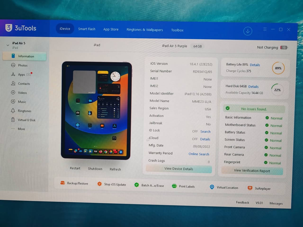 ايباد اير 5 لون مميز بنفسجي
ذاكره 64 نظافة 98%% مع كارتونه
وكل معلومات الايباد بالصور مفحوص بالحاسبه وبتاريخ اليوم 
_________
بطارية 89
مشحون فقط 375 مره
سعر 750 الف
الاستفسار//***********

يوجد توصيل لكل محافظات العراق
