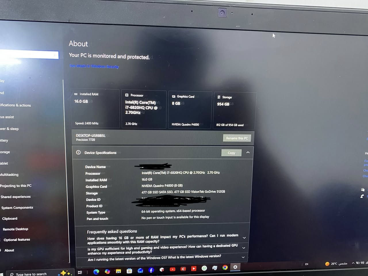كرت شاشة أسطوري: NVIDIA Quadro P4000 بذاكرة 8GB فعلية! (أداء يقارب الـ GTX 1070 في الألعاب). يعني ألعابك الثقيلة والمونتاج يمشون عندك بسلاسة وبدون تعليق.
 معالج جبار: Intel Core i7-6820HQ (أداء يقارب معالجات الـ i7-7700HQ القوية)، مصمم للتحمل والضغط العالي، لا يعرف شي اسمه "هبوط أداء" (Throttling) بفضل نظام التبريد الضخم في أجهزة الـ Precision.
 رامات: 16GB، ملاحضه جهاز يحتاج تبديل معجون وتبديل لصقات الفي رام سعر 600 بيه مجال


**إذا كنت صاحب هذا الإعلان وتريد حذفه لأي سبب، رجاءا أرسل رسالة إلى الدعم الفني**