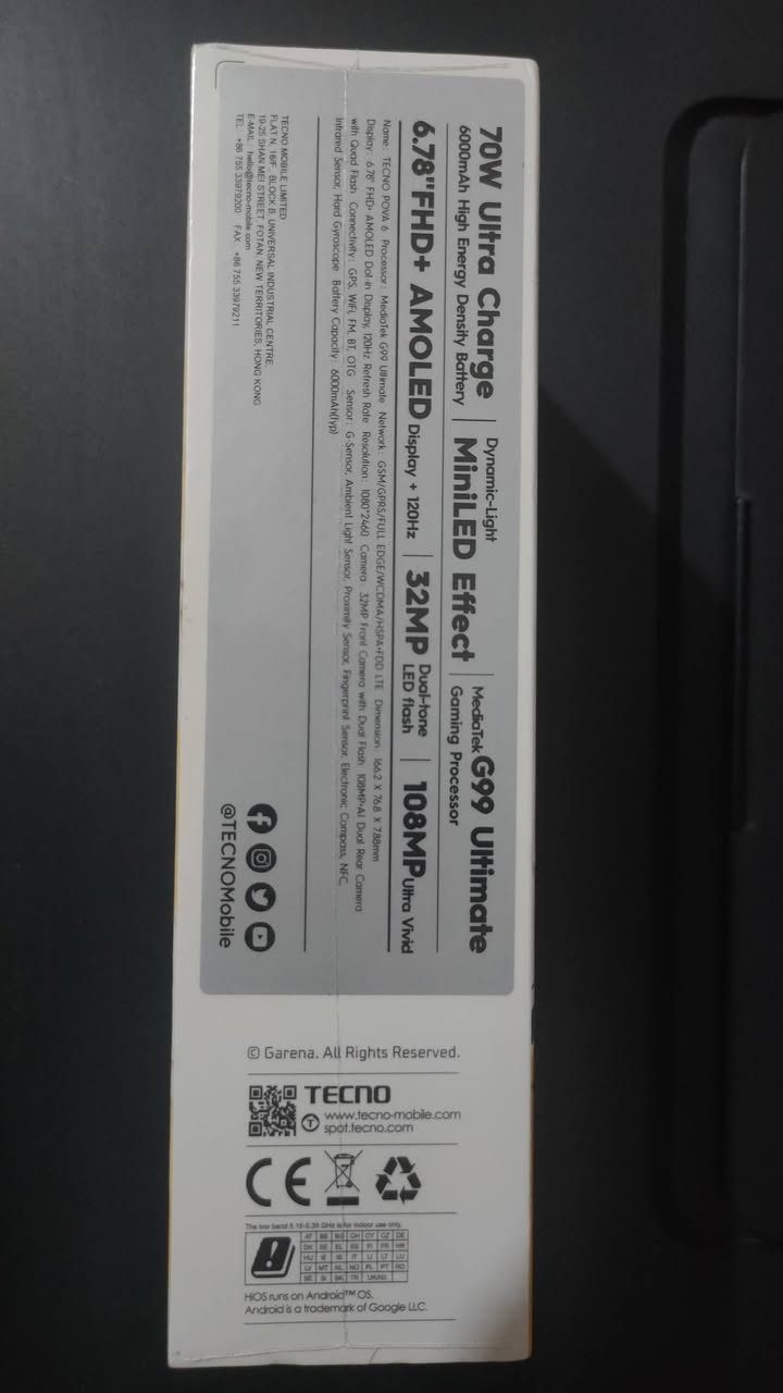 موبايل TECNO POVA 6
للبيع جديد ما مستعمل تغليف الشركة
السعر:  190 الف
الموصفات:
-ذاكرة 256 رام 24 كيكا 
-شاشة 6.78 اموليد 120 هرتز
-بطارية 6000mAh بسرعة 70 واط
-كامرا خلفية 108 ميكابكسل والامامية 32 ميكا
- معالج: Mediatek G99 Ultimate
- يحتوي على اضاءة تفاعلية للاشعارات

**المكان : الموصل


**إذا كنت صاحب هذا الإعلان وتريد حذفه لأي سبب، رجاءا أرسل رسالة إلى الدعم الفني**