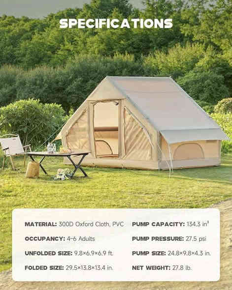 السلام عليكم للبيع خيمة نفخ لون صحراوي قياس ٣ متر في ٢ متر ارتفاع ٢ متر و١٠ سانتمتر وزن الخيمة ١٦ كيلو جديدة بالكارتون مع كامل ملحقاتها والبم سعرها ٢٢٥ الف تواصل خاص 
او ***********
