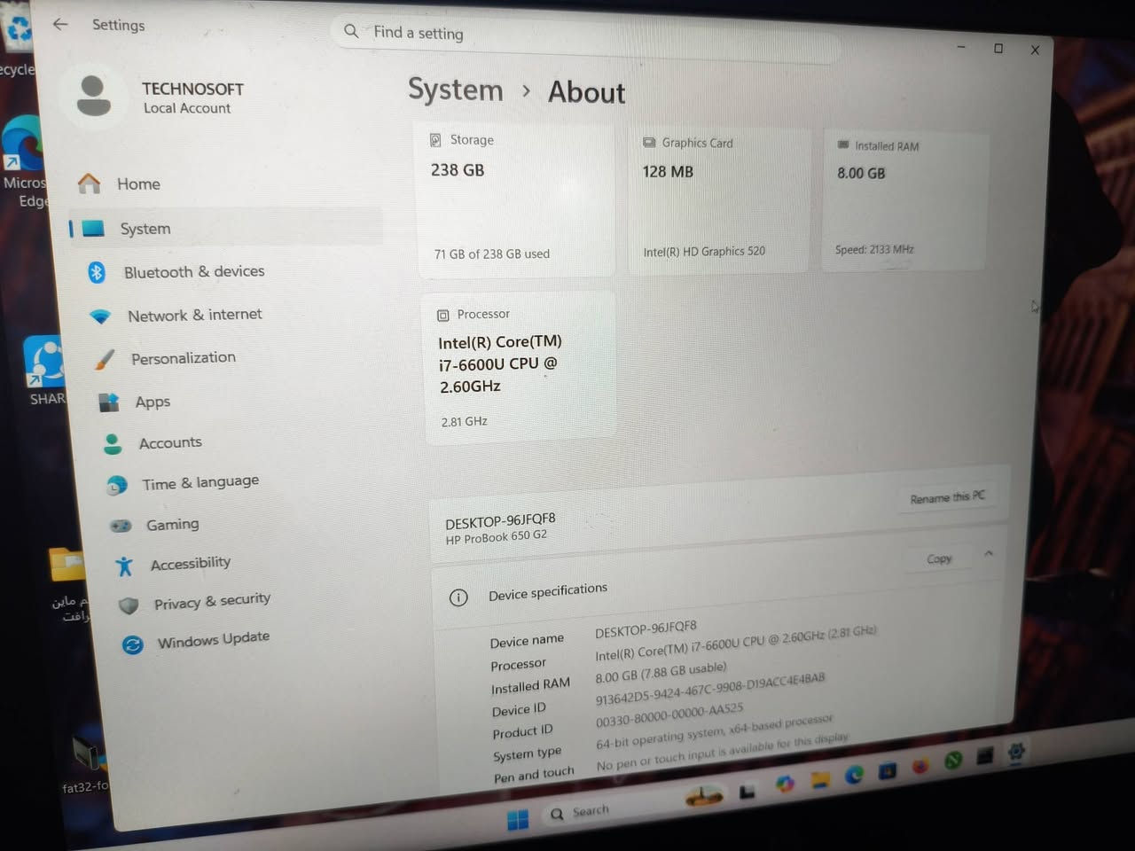 📍 الموديل: HP ProBook 650 G2

🔹 المواصفات:

🧠 المعالج: Intel Core i7-6600U (جيل سادس)

⚡ السرعة: 2.6GHz تصل إلى 3.4GHz

🎮 كرت الشاشة: Intel HD Graphics 520

🧠 الرام: 8GB DDR4

💾 التخزين: SSD 256GB

🖥️ الشاشة: 15.6 إنچ (Full HD أو HD حسب النسخة)

300 الف وبي مجال


**إذا كنت صاحب هذا الإعلان وتريد حذفه لأي سبب، رجاءا أرسل رسالة إلى الدعم الفني**