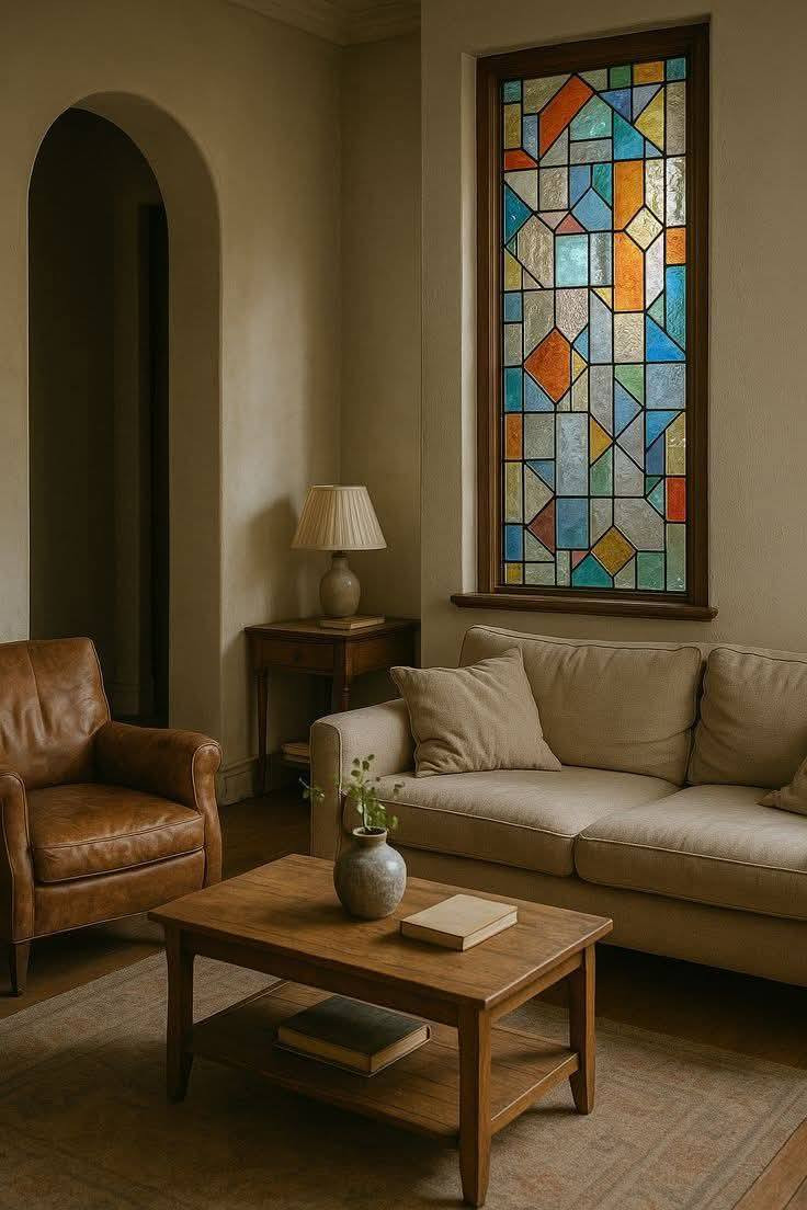عندما تكون النوافذ واسعه تزينها بالزجاج الملون يطفي عليها طابعا مميز ويزيد من جماليتها خصوصا أن كان الزجاج فاتح اللون يدخل الاضاءه الطبيعيه .........***********. واتساب
