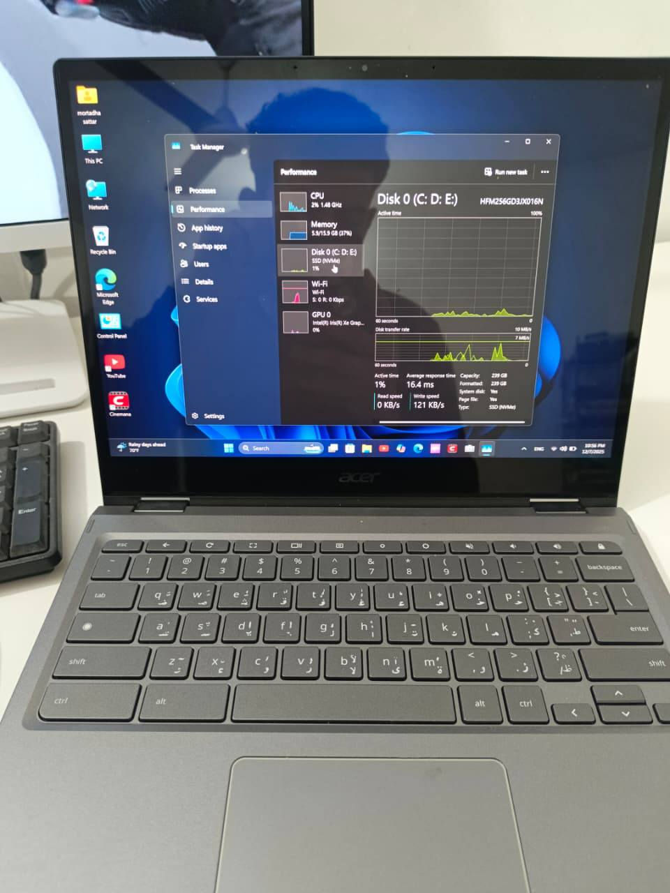 لابتوب acer spin713  كور 7 جيل 11 لابتوب 2×1 شاشة لمس دقة 2.5K  نظيف جدا نسبة 95 بلمية للبرامج الهندسية والتصميم والمونتاج سلم جدا ويشغل برمير وفوتو شوب 2025 البطارية 5 ساعة فما فوق للبيع للتواصل على واتساب ***********
السعر (600 الف) قابل للتفاوض مع العلم سعره بالمواقع الجديد 11 ورقة

✳️Intel® Core™ i7-1185G7 processor Quad-core 3 GHz 

✳️Intel® Iris® Xe Graphics shared memory 8GB

✳️34.3 cm (13.5") (2256 x 1504) 3:2 
✳️2.5k Touchscreen

✳️16 GB, LPDDR4X   4267GHz                                     

✳️256 GB SSD  m.2 nvme
                                                     ✳️Keyboard Backlight                                                    USB Type-C port  with 
DC-in/
                                    
✳️Thunderbolt™ 4 port  Supports                                 
✳️HDMI port 
                                                                 ✳️Headset/speaker jack 3.5

✳️MicroSD card slotUSB port 3.2
✳️cooling fan 2fan
