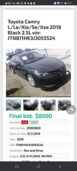السلام عليكم ورحمه الله وبركاته 
تويوتا كامري 
2018 LE 
ماشية 107
وارد امريكي حادث خلفي بدون ايرباك 
رقم بغداد دولي 
كشن كهرباء 
رادار 
توقف امامي ذاتي 
تحديد مسار 
قيادة ذاتية 
شاشة كبيرة 
كاميرا 
وباقي المواصفات المعروفة 
مكينه حجم 2.5 بانزين 
گير 8 نمرة 
توقف ذاتي 
قطعتين تبريد 
السيارة كلش نظيفة وجديدة  ومابيها نقص برغي وبالحقيقة احلى من الصور 
حادثها خلفي بدون ايرباك 
السعر 139$ مستعجل ع بعتها لوجود ضرف خاص 
السيارة بيها قطع صبغ ابيع حزام 
متواجد بصلاح الدين / وبغداد
للاستفسار اتصل *********** بي واتساب
