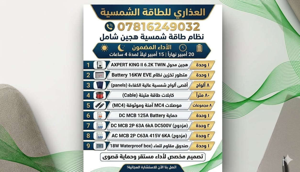 الكهرباء تذل، والشمس تعز! ☀️ 
بالأزمة وبالحر تنتظر رحمة "أبو المولدة"، استثمر بالطاقة الشمسية وريح بالك للأبد.. 
الفرصة بعدها بإيدك، والأسعار القديمة لسه موجودة! 🔋

📍 النجف - شارع المدينة  - عمود رقم 8
📞 ***********
