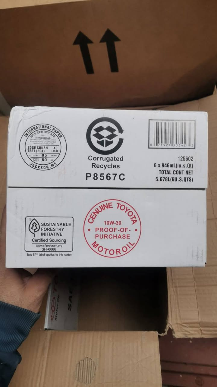 وصل زيت تويوتا 1 لتر قياس 10w30 ✅
سعر كارتون 169 الف ✅
كارتون يحتوي عل 24 لتر ✅
توصيل متوفر لجميع المحافظات 🚚
***********
