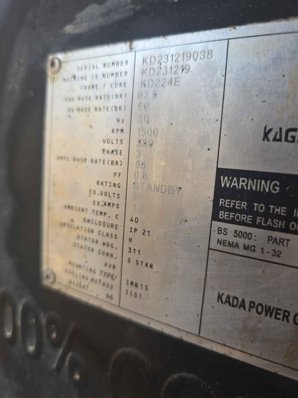 المواصفات
الشركة المصنعة: KADA Power Group China
الرقم التسلسلي: KD231219038
موديل/إطار المولد: KD224E
القدرة الظاهرية: 62.5 kVA
القدرة الفعلية: 50 kW
التردد: 50 Hz
السرعة: 1500 RPM
الفولتية: 380 Volt
عدد الأطوار: 3 فيز
التيار المقنن: 95 Ampere
معامل القدرة (Power Factor): 0.8
التشغيل الاحتياطي: Standby
جهد الإثارة: 36 V
تيار الإثارة: 1.8 A
درجة حرارة التشغيل المحيطة: 40°C
درجة الحماية: IP21
فئة العزل: Class H النجف, العراق


**إذا كنت صاحب هذا الإعلان وتريد حذفه لأي سبب، رجاءا أرسل رسالة إلى الدعم الفني**