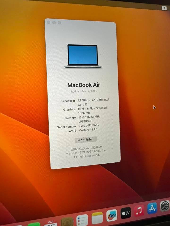 🔥 عرض مميز – MacBook Air 2020 🔥
💻 جهاز أنيق وخفيف مثالي للدراسة والعمل

🔹 المواصفات:
- شاشة 13 إنچ Retina
- معالج Intel Core i5 (جيل 10)
- رام 16GB (أداء عالي وسلس)
- سعة تخزين 512GB SSD (سرعة ممتازة)
- كرت شاشة Intel Iris Plus
- نظام macOS

✨ المميزات:
- تصميم نحيف وخفيف جداً
- بطارية تدوم لساعات طويلة
- يدعم الشحن السريع
- مناسب للطلاب، المهندسين، والمصممين

🎁 الهدايا مع الجهاز:
- ماوس 🎯
- حقيبة لابتوب 🎒
- الشاحن الأصلي ⚡

🚚 توصيل مجاني إلى جميع المحافظات
🛡️ ضمان سنة كاملة من تاريخ الاستلام

تحميل كافة التطبيقات الأساسية وتطبيقات لطباعة وتحميل أي تطبيق أنت بحاجته

💰 السعر:680 فقط

📩 للحجز والاستفسار راسلنا خاص  أو على الرقم

***********
‏WhatsApp او اتصال وأهلا وسهلا بكم في أي وقت

� المواصفات التقنية – MacBook Air 2020 (13-inch):

 • الموديل: MacBook Air 2020
 • الشاشة: 13.3 إنچ Retina�
 ◦ الدقة: 2560×1600
 ◦ تقنية True Tone
 • 
 • المعالج (CPU):�Intel Core i5 رباعي النواة�سرعة 1.1GHz (تصل إلى 3.5GHz مع Turbo Boost)
 • كرت الشاشة (GPU):�Intel Iris Plus Graphics
 • الرام (Memory):�16GB LPDDR4X بسرعة 3733MHz
 • التخزين (Storage):�512GB SSD
 • البطارية:�حتى 10–12 ساعة استخدام (حسب الاستخدام)
 • نظام التشغيل:�macOS Ventura
 • المنافذ:�
 ◦ 2 × Thunderbolt 3 (USB-C)
 ◦ مدخل سماعات 3.5mm
 • 
 • الاتصال:�
 ◦ Wi-Fi 5
 ◦ Bluetooth 5.0
 • 
 • الكاميرا:�FaceTime HD 720p
 • الصوت:�سماعات ستيريو + 3 مايكروفونات
 • الكيبورد:�Magic Keyboard بإضاءة خلفية
 • الحماية:�Touch ID (بصمة)
 • الوزن:�1.29 كغ
