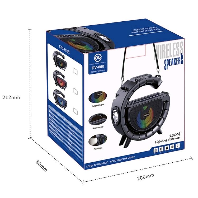 مديل DV - 800

- يتم شحنه عن طريق الكهرباء والطاقة الشمسية 

- يمتلك لوحة شحن شمسية لضمان امداده بالطاقة دون انقطاع

- يتميز بمصباح يدوي LED قوي ذات مدى 100 متر

- خاصية الراديو FM

- يأتي مع حزام 

- ستاند حامل للهاتف 

- اضاءة ملونة من الداخل 

- يدعم  USB و TF-card

- قياسات السبيكر :  203 * 75 * 205 mm

- مسافة الاتصال: 10 متر
ما هي مدة تشغيل البطارية بالساعات؟: 
الشحن على الطاقه الشمسيه 
هل توفر توصيل ضمن بغداد؟: 
نعم
هل هناك ضمان على المنتج؟: 
نعم يوجد ضمان