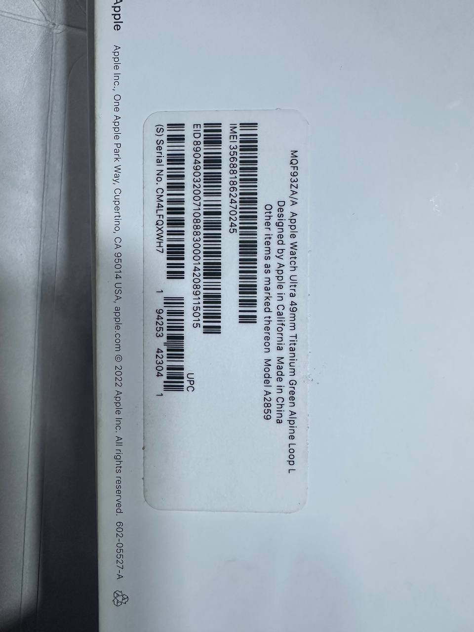 ساعه Apple Watch Ultra 49mm
Titanium
Green Alpine Loop (L)
الموديل: A2859
بطاريه 100% 
الحماية: زجاج Sapphire مقاوم للخدش
المعالج: S8 SiP
النظام: watchOS (قابل للتحديث)
السعر(500)قفل من الاخر او اتصل على الواتس اب(***********) او المراسله على الماسنجر 🩵
