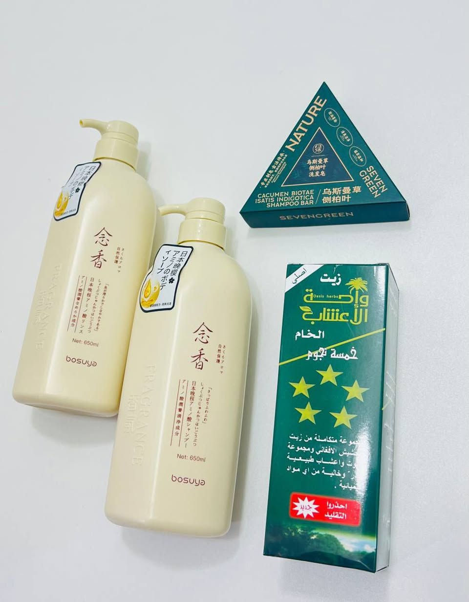 شعرج يحتاج هذا العرض الحلو 

زيت واحة الأعشاب (زيت الحشيش الأفغاني الخام):
الوصف: مجموعة زيوت متكاملة تحتوي على زيت الحشيش الأفغاني الخام الأصلي وزيوت وأعشاب طبيعية نادرة.
الفوائد: يعمل على تطويل الشعر بشكل ملحوظ، إنبات الفراغات، تكثيف الشعر، وإيقاف التساقط.
المميزات: طبيعي 100% وخالٍ من المواد الكيميائية.
صابونة سيفن جرين (Seven Green Shampoo Bar):
الوصف: قالب شامبو صلب مصنوع من خلاصة الأعشاب الصينية التقليدية مثل Cacumen Biotae وIsatis Indigotica.
الفوائد: تنظيف فروة الرأس بعمق وإزالة الدهون والقشرة، تقوية بصيلات الشعر، والمساعدة في تكثيف الشعر كبديل طبيعي لزراعة الشعر.
المميزات: خالية من الكبريتات والسيليكون والمواد الكيميائية الضارة.
مجموعة ساكورا اليابانية (الشامبو والبلسم):
الوصف: منتجات يابانية الصنع تحتوي على خلاصة زهرة الكرز اليابانية (ساكورا) والأحماض الأمينية.
الفوائد:
الشامبو: ينظف فروة الرأس بعمق ولطف، ويعالج التساقط والقشرة.
البلسم: يعمل على ترطيب وتنعيم الشعر وتغذيته، مما يجعله لامعاً كالحرير.
المميزات: تُستخدم كبديل طبيعي لجلسات الكيراتين وفرد الشعر الكيميائي.


**إذا كنت صاحب هذا الإعلان وتريد حذفه لأي سبب، رجاءا أرسل رسالة إلى الدعم الفني**