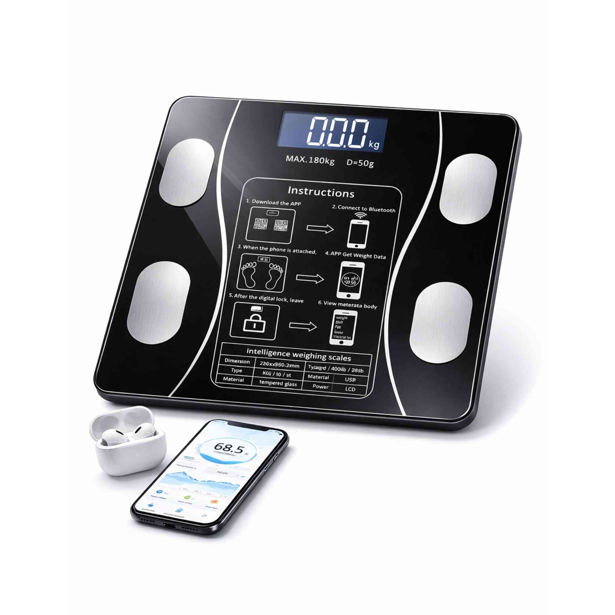 متوفر سعر 8الف توصيل إلى بغداد 3الف وباقي المحافضات5الف 
شكل انيق وعملي 
- يربط على التطبيق لقياس وتتبع الوزن, الدهون, السوائل, وباقي تفاصيل الجسم 

- يدعم التطبيق أكثر من مستخدم للميزان في نفس الوقت 

- شاشة عرض رقمية مضيئة 

- خاصية تتبع التغيرات التي تطرأ على الجسم مع مرور الوقت

- لوح من الزجاج عالي القوة وتم تصميم الزوايا الأربع بزوايا مدورة آمنة  

- يدعم الاوازان من 0.2 - 180 kg

- زر للتحكم بوحدات القياس كيلو / رطل 

- أبعاد الجهاز: 26 × 26 سم

- الملحقات: بطارية نوع AAA


**إذا كنت صاحب هذا الإعلان وتريد حذفه لأي سبب، رجاءا أرسل رسالة إلى الدعم الفني**