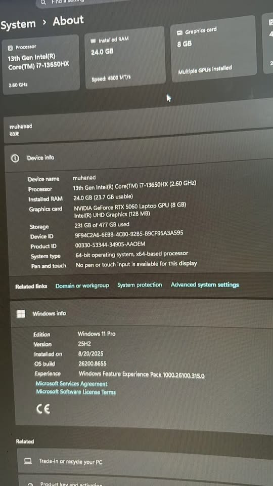 لابتوب لينوفو loq موصفات
Core(TM) i7-13650HX 

RAM 24 GB

Cpu RTX 5060 Laptop GPU (8 GB)

Intel(R) UHD Graphics (128 MB)

شاشة 15.6 بوصة FHD IPS بتردد 144Hz

استخدام قليل وخفيف سعر مناسب راسلني وتدلل 

للتواصل واتساب او اتصال  رقم الهاتف ***********

