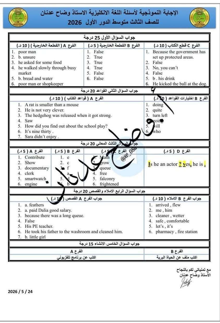 اسئلة اللغة الانكليزية لسنة ٢٠٢٦ الدور الأول مع الحل
اسئلة سهله جدا والانشاء نفسة الي رشحته
كل التوفيق والنجاح


**إذا كنت صاحب هذا الإعلان وتريد حذفه لأي سبب، رجاءا أرسل رسالة إلى الدعم الفني**