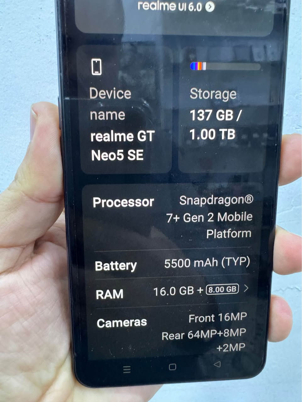 Realme GT Neo 5SE
کامل ئەشیا 
رام ١٦ گیگا + ١٢ گیگا 
زاکیرە ١ تیرا واتا ١٠٠٠ گیگا 
نرخی ٣٠٠ هەزار 
***********
*********** رانية, السليمانية
