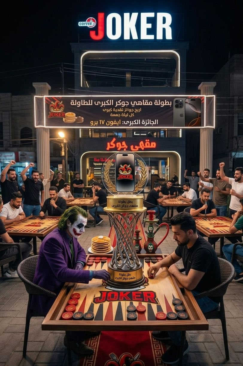 📱 iPhone 17 بانتظار البطل الأول 🔥🎲

استعدوا لأقوى تحدي بالطاولي  
بطولة رواد المنصور ورواد كوفي جوكر السيدية 👑

📅 الخميس 2026/5/14  
🕖 الساعة 7:00 مساءً

📍 المكان:
مقهى جوكر السيدية – شارع الخيزران  
مجاور مطعم إكليل الجبال

🎁 الجوائز:
🥇 الفائز الأول: iPhone 17  
🥈 الفائز الثاني: Galaxy 2026

💰 الاشتراك: 25,000 دينار

📞 للحجز والاستفسار:
***********

🔥 أجواء حماسية ومنافسة نارية  
والبطولات مستمرة كل خميس بجوائز قيّم
