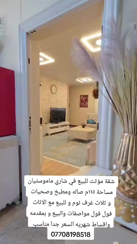 شقة مؤثث كامل للبيع في شاري ماموستيان
مساحة ١١٥م صاله ومطبخ وصحيات 
و ثلاث غرف نوم و للبيع مع الاثاث 
فول فول مواصفات والبيع و بمقدمه واقساط شهريه 
السعر جدا مناسب 
***********
