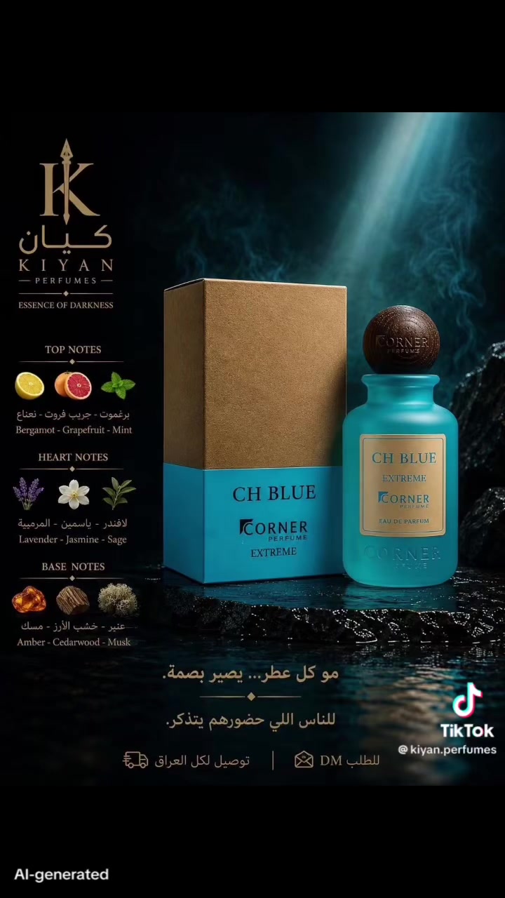 ليس كل عطر يُنسى...
هناك روائح تسبق أصحابها إلى المكان، وتبقى بعد رحيلهم.
CH BLUE EXTREME
✦ افتتاحية: برغموت • جريب فروت • نعناع
✦ قلب العطر: لافندر • ياسمين • ميرمية
✦ القاعدة: عنبر • خشب الأرز • مسك
«لا نبيع عطراً... بل نمنحك حضوراً لا يُنسى.»
📦 توصيل إلى جميع محافظات العراق
📩 للطلب عبر الرسائل الخاصة (DM)***********
