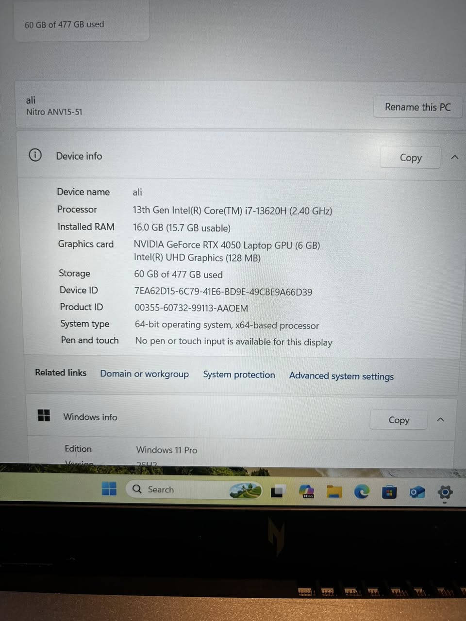 السلام عليكم.. شباب متاح لاب توب acer nitro 15  cor i7 جيل 13 هارد ssd512 رام 16 كارت شاشةnvidia geforce rtx 4050المهتم يتواصل خاص او على الرقم ***********
