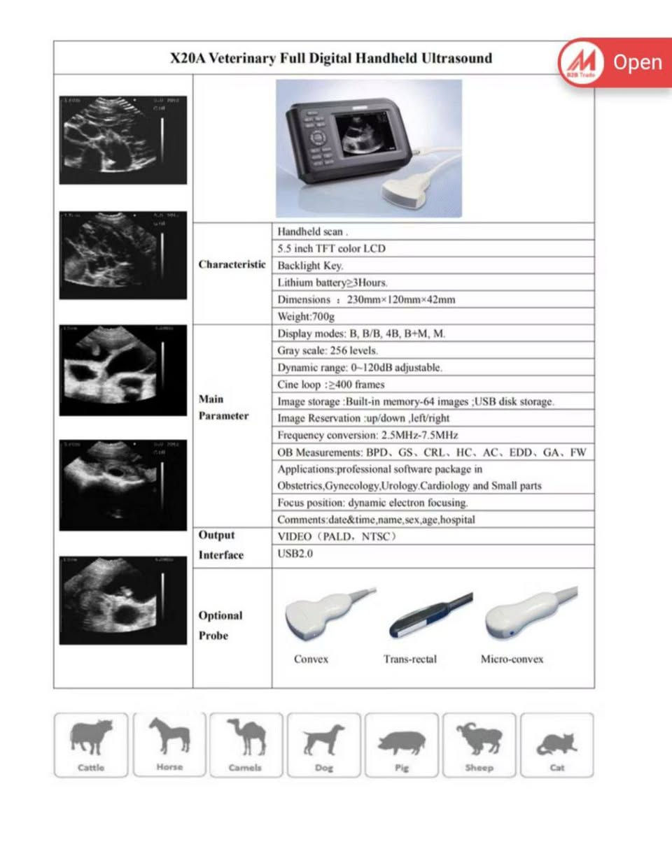 السلام عليكم متوفر جهاز تشخيص بالموجات فوق الصوتية من نوع B-Mode الموديل xF20
تيار مستمر 14 فولت التردد 50 هرتز
من  شركة ميانيانغ شيانفنغ للأجهزة الطبية البيطرية 
موديل 2014 شاشة عرض LED
يدعم حفظ الصور ونقلها عبر USB
الوزن: حوالي 1.2 كغم
يحتوي على بطارية ليثيوم ويمكن تشغيله بالكهرباء
نوع الجهاز: محمول (Handheld
السعر مناسب جدا


**إذا كنت صاحب هذا الإعلان وتريد حذفه لأي سبب، رجاءا أرسل رسالة إلى الدعم الفني**