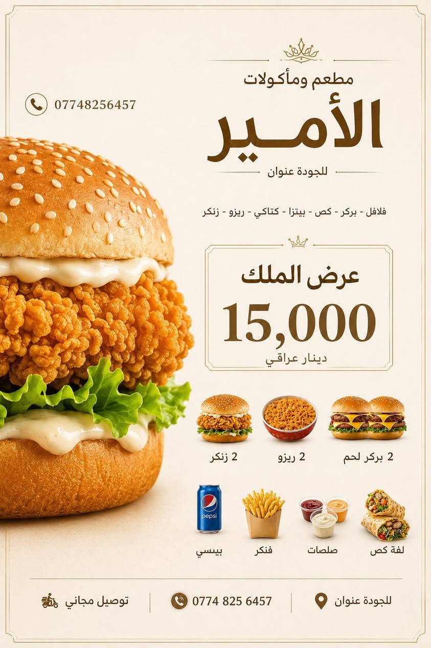 🔥 بركر | بيتزا | كص | ريزو | كنتاكي�📍 الكفائات – يوجود توصيل�🚚 مجاني: الشماعية، الكفائات، السفير�🚚 الأورفلي والعبيدي 1000 دينار�📞 للحجز: ***********

