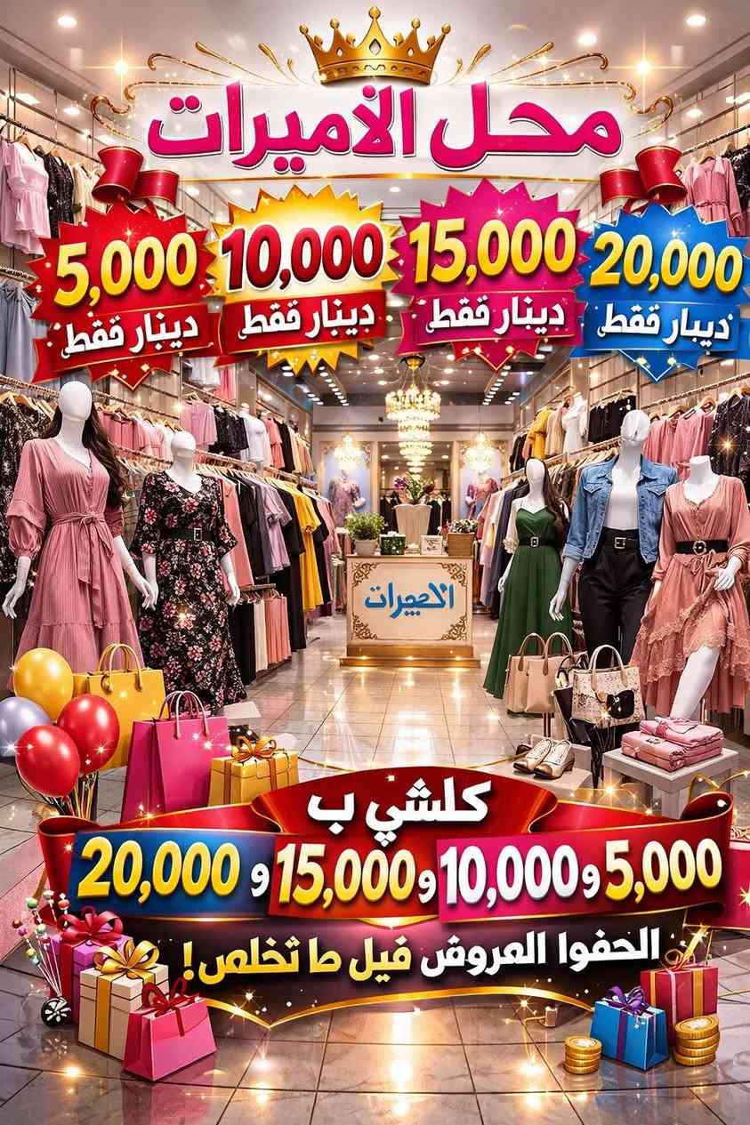 #الاميرات_للالبسة_النسائية

                      💥💥 تنــــــزيــــلات 💥💥

🔥كلشي داخل المحل 5،000و10،000و15،000و20،000🔥

👇 صفحتنا على الانستغرام 👇

https://www.instagram.com/alamerat23?igsh=d2NvY3dxc3FtOXd6&utm_source=qr

🌺 العنوان / قضاء الدور - شارع الكماليات 🌺


**إذا كنت صاحب هذا الإعلان وتريد حذفه لأي سبب، رجاءا أرسل رسالة إلى الدعم الفني**