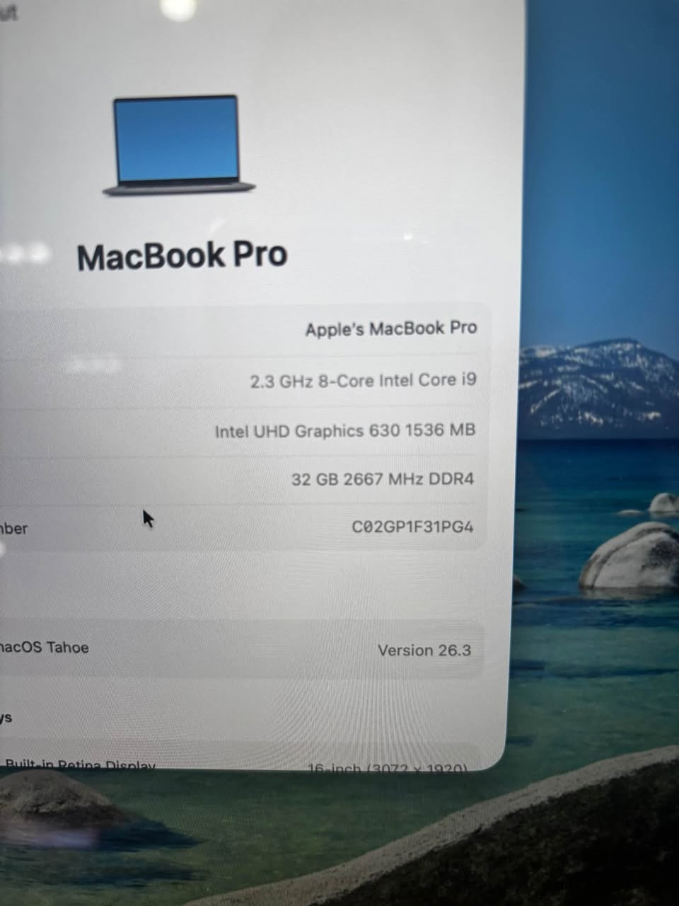 CPU: Intel Core i9 8-Core 2.3 GHz
• RAM: 32 GB DDR4 2667 MHz
• Storage: 1 TB SSD
• Graphics: Intel UHD Graphics 630
• Display: 16” Retina (3072 × 1920)
• OS: macOS Tahoe 26.3 أربيل, العراق


**إذا كنت صاحب هذا الإعلان وتريد حذفه لأي سبب، رجاءا أرسل رسالة إلى الدعم الفني**