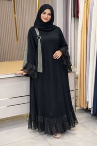 عباية سوداء • قماش كريب • شيفون منقّط بستراس