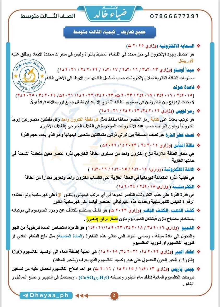 🔴 #القمة_في_الكيمياء 💯🏆

🔰 لا يخفى على الجميع ان جدول امتحان #الكيمياء صار بي ظلم ووقت مراجعته ( #يوم ونص فقط ) بينما باقي المواد اقل مادة ٣ ايام للمراجعة لذا تم تقديم #القمة_في_الكيمياء (مراجعة يوم الامتحان) لغرض مراجعة المادة بيوم واحد فقط ، بعيداً عن ما يسمى (المرشحات) كوني ضد فكرة المرشحات كونها تظلم الطالب ، تتضمن (القمة في الكيمياء) التالي :  

✅️ جميع #التعاريف (١٠ درجات وزاري) 
✅️ جميع #التعاليل (١٠ درجات وزاري) 
✅️ جميع #الفراغات (١٠ درجات وزاري) 
✅️ جميع #الكشوفات (١٠ درجات وزاري) 
✅️ جميع #التحاضير (١٢ درجة وزاري)
✅️ جميع #المقارنات (٨ الى ١٠ درجات وزاري) 
✅️ جميع #الاستعمالات (٨ الى ١٠ درجات وزاري) 
✅️ جميع #الخواص_الفيزيائية (٨ الى ١٠ درجات وزاري) 
✅️ جميع افكار #تمارين الفصل الاول (١٢ درجة وزاري) وجميع افكار #مسائل الفصل الرابع (٨ الى ١٠ درجات وزاري) 
✅️ جميع #المعادلات (١٠ درجات وزاري) 
✅️ جميع الاسئلة #المتفرقة (وضح ، ماهي ، عدد ، تكلم) ١٠ درجات وزاري 

علماً ان الامتحان الوزاري (ست اسئلة مع ترك سؤال ولكل سؤال ٢٠ درجة المجموع ١٢٠ درجة + ٢٠ درجة ترك ضمني = المجوع ١٤٠ درجة)

🚨 سعر النسخة ٥ الاف فقط 

📍خدمة #توصيل 🚚 لجميع محافظات العراق 🇮🇶 

سارعوا بالحجز  : 
التواصل مع مكتبة ابو مصطفى (شارع المستودع / مقابل مرطبات زنبقة) 

📞 ***********
