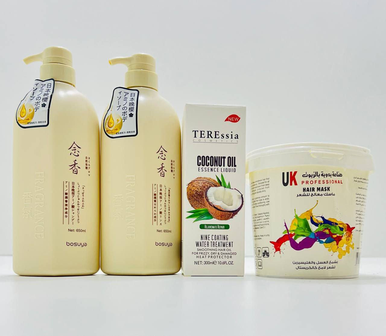 مجموعة  العنايه بمعالجة  الشعر تعبان والي يعاني من نفشة  

شامبو وبلسم  ساكورا Bosuya Sakura الياباني (650 مل):
يحتوي على خلاصة زهرة الكرز اليابانية (ساكورا) والأحماض الأمينية المغذية.
ينظف الشعر وفروة الرأس بلطف، ويرطب الشعر الجاف والتالف، ويمنحه لمعاناً ونعومة.
يساعد في معالجة التقصف والتساقط والقشرة، وهو مناسب لجميع أنواع الشعر.

بخاخ  جوز الهند المركز TEREssia (300 مل):
هو معالج مائي بخاخ غني بزيت جوز الهند والبروتينات والفيتامينات.
مصمم للشعر الجاف والمتضرر من الحرارة والأصباغ.
يستخدم بعد الاستحمام على شعر رطب كواقي حراري قبل التصفيف، ويمنح الشعر نعومة ولمعاناً فوريين دون ترك أثر دهني.

ماسك الشعر الاحترافي UK Professional (صناعة يدوية):
قناع معالج للشعر يحتوي على شمع العسل والجلسرين.
يصلح التلف، ويرطب بعمق، ويقلل التجعد، ويعيد القوة واللمعان للشعر، مما يجعله ناعماً مثل الكريستال. 

توصيل بغداد 2 محافظات 4


**إذا كنت صاحب هذا الإعلان وتريد حذفه لأي سبب، رجاءا أرسل رسالة إلى الدعم الفني**