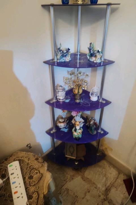 للبيع وحدة رفوف زاوية بتصميم عصري وأنيق. تتكون من خمس طبقات باللون البنفسجي الرائع، مثالية لعرض الأنتيكات أو النباتات الصغيرة. مصنوعة من مواد متينة وسهلة التنظيف، تضيف لمسة جمالية لأي غرفة.