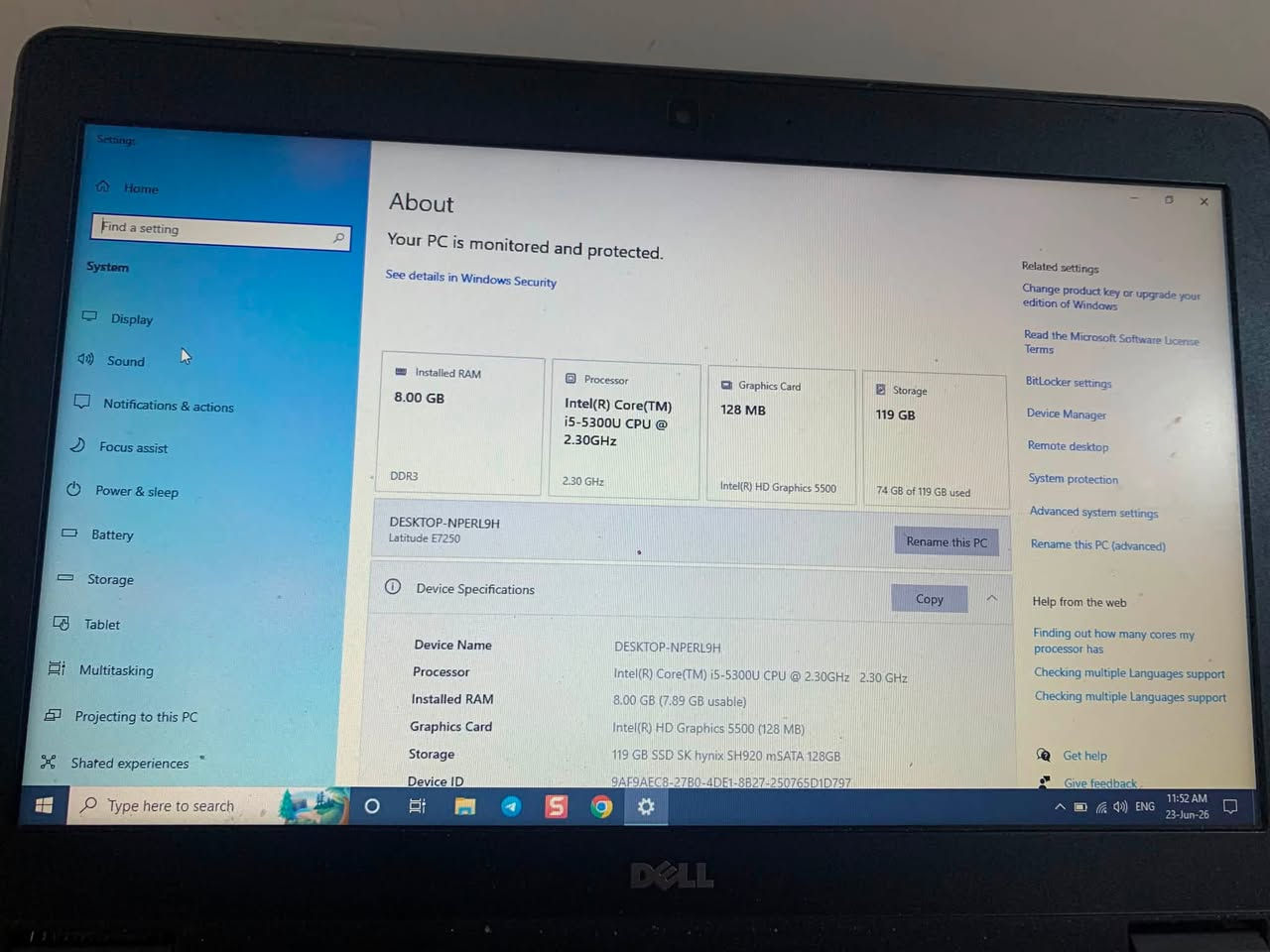 ‎لاپتۆپی🔷 Dell Latitude E7250 
‎بۆ فرۆشتن
‎لاپتۆپێکی خێرا، سووک و خاوێن بۆ کار و خوێندن بە نرخێکی زۆر گونجاوەو بەشەرت دەیفرۆشم.

‎تایبەتمەندییەکان:
‎ 🔷پڕۆسێسەر:Intel Core i5-5300U (5th Gen)
‎ ڕام:8GB
‎ هارد:128GB mSATA SSD (زۆر خێرا)
‎ شاشە:12.5 ئینچ
‎ سیستەم:Windows 10 Pro
‎پاتریەکەی زۆر نایابە و بەرگەی ٥ سەعات کارکردن دەگرێت.
‎بۆ پەیوەندی:***********
‎نرخ: 150,000
