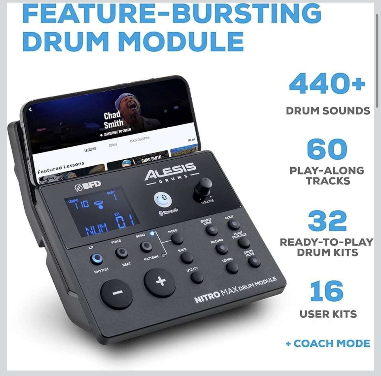 متوفر من امازون 💐
🌸 Alesis Nitro Max 🌸

طقم طبول إلكتروني Alesis Nitro Max Kit.

طقم طبول إلكتروني فاخر مكون من 8 قطع، 
مزود برؤوس شبكية فائقة الهدوء من Alesis، 
ووحدة طبول ثورية بتقنية Bluetooth، 
وأصوات طبول BFD مدمجة رائدة في الصناعة.
إحساس أداء حقيقي 
- طبلة سنير شبكية ثنائية المنطقة أكبر حجمًا (10 بوصات)، و3 طبول توم شبكية (8 بوصات)، وبرج طبلة باس مع دواسة، و3 صنجات (10 بوصات): رايد، وهاي هات مع وحدة تحكم بالقدم، وكراش مع خاصية كتم الصوت، على حامل متين قابل للطي.

- وحدة طبول مطورة مع 32 مجموعة BFD جاهزة للعزف، و16 مجموعة من صنع المستخدم، وأكثر من 440 صوتًا للطبول والصنجات والإيقاع، وعينات متعددة السرعات للحصول على صوت طبول صوتي حقيقي.
مكتبة صوتية افتراضية واسعة 

جديد كبس👍
لمعرفة السعر التواصل بالخاص او رقم واتساب ***********💐
