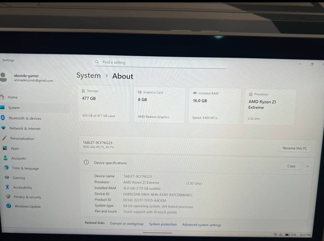 روج اكستريم نضيف كلش
بطارية ١٠٠
كامل غراضة موجود سعره ٦٠٠ الف

مواصفاته :
CPU: AMD Ryzen Z1 Extreme (8-Core / 16-Thread).

GPU: AMD Radeon RDNA 3 (8.6 Teraflops).

RAM: 16GB LPDDR5.

SSD: 512GB NVMe Gen 4.

Display: 7" Touch, 1080p, 120Hz, 500 nits.

OS: Windows 11 Home.

Weight: 608g.

Battery: 40Wh (65W Fast Charging).


**إذا كنت صاحب هذا الإعلان وتريد حذفه لأي سبب، رجاءا أرسل رسالة إلى الدعم الفني**