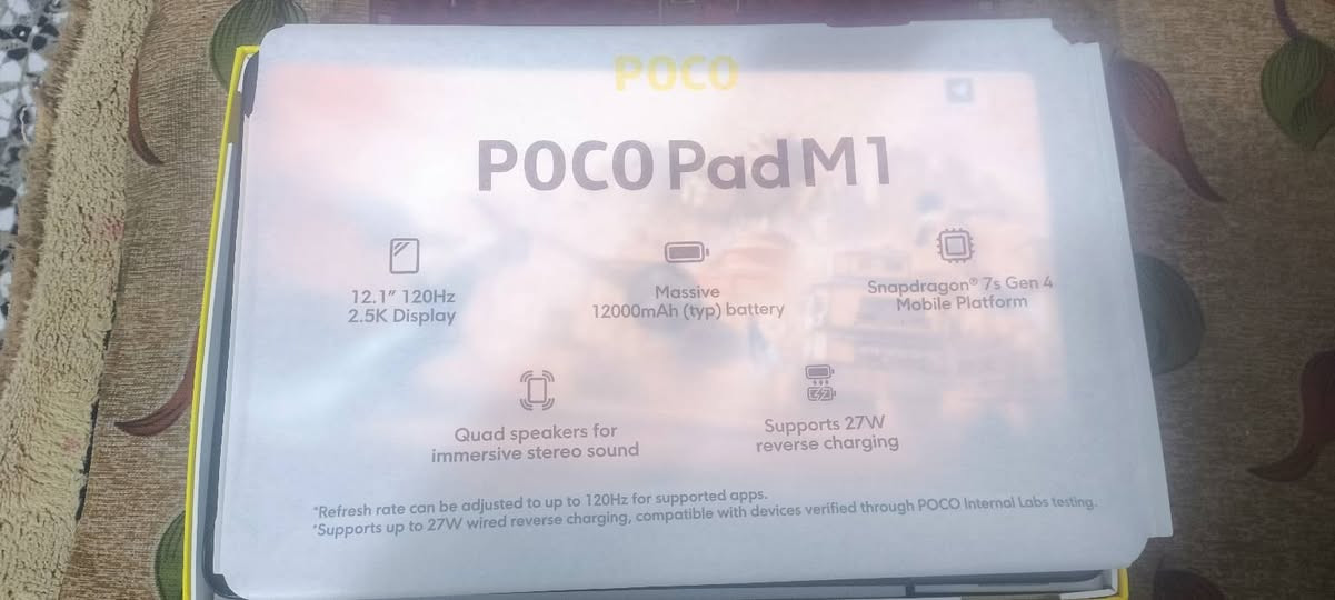 POCO pad M1
الذاكره 256
رام 16
المعالج Snapdragom®7s Gan 4 Mobile Platform
ثماني النواة بتردد يصل إلى 2.70جيجاهرتز 
اصدار Android 16
معدل التحديث 120 هرتز
البطاريه 12000 الف 
تدعم شحن عكسي 27 واط 
الشاحنه 33 واط
وضوح الشاشه 2.5K
ببجي 90 فريم
استعمال 3 اشهر
السعر 410 الف بي مجال قليل اني ماخذه 450 الف
مكاني بابل توصيل ماعدي 
رقمي ***********
